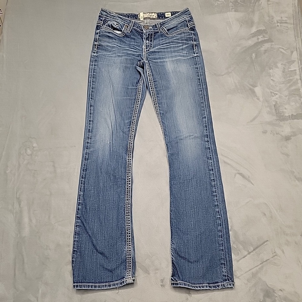 BKE Jeans Womens 28L Blue‎ Payton Bootcut Thick Stitch Distressed Denim